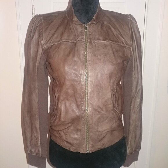 Hinge: Brown Genuine Leather Jacket With Knit Trim - Women's Size Small - Picture 1 of 15